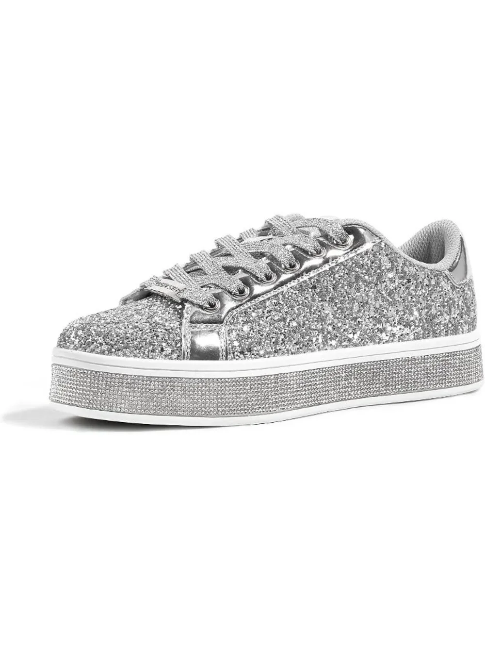 Women's Silver Sparkly Bling Shiny Dressy Bedazzled Glitter Fashion Sneaker Shoe